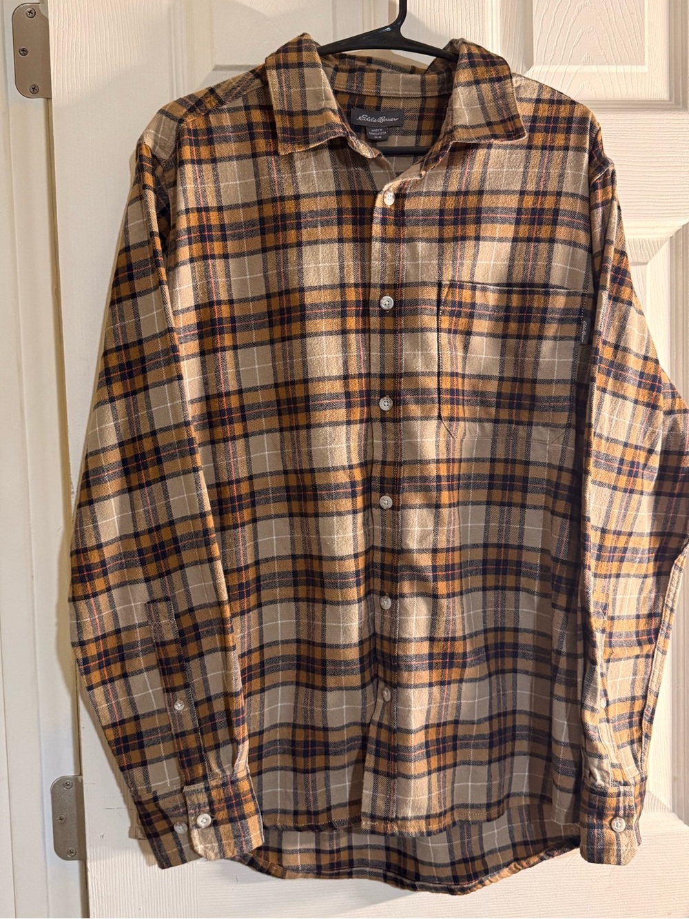 Eddie Bauer Men's Bristol Flannel Shirt Plaid Button Up Long Sleeve Khaki Tan M
